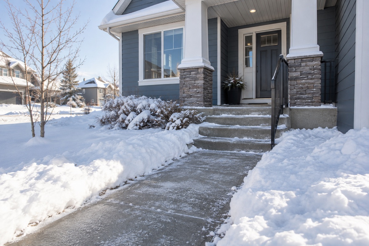 Illustrative winter scene of a cleared front walkway and porch steps