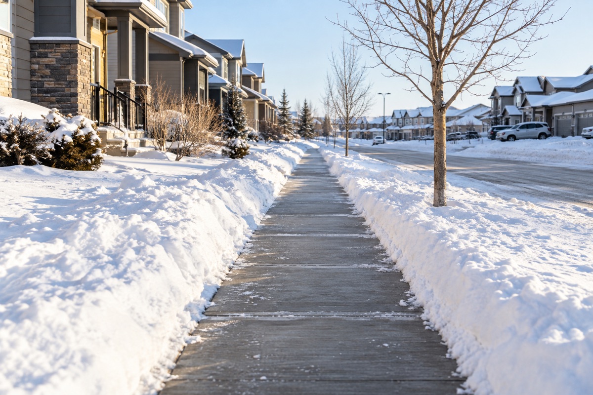 Illustrative winter scene of a cleared neighbourhood sidewalk