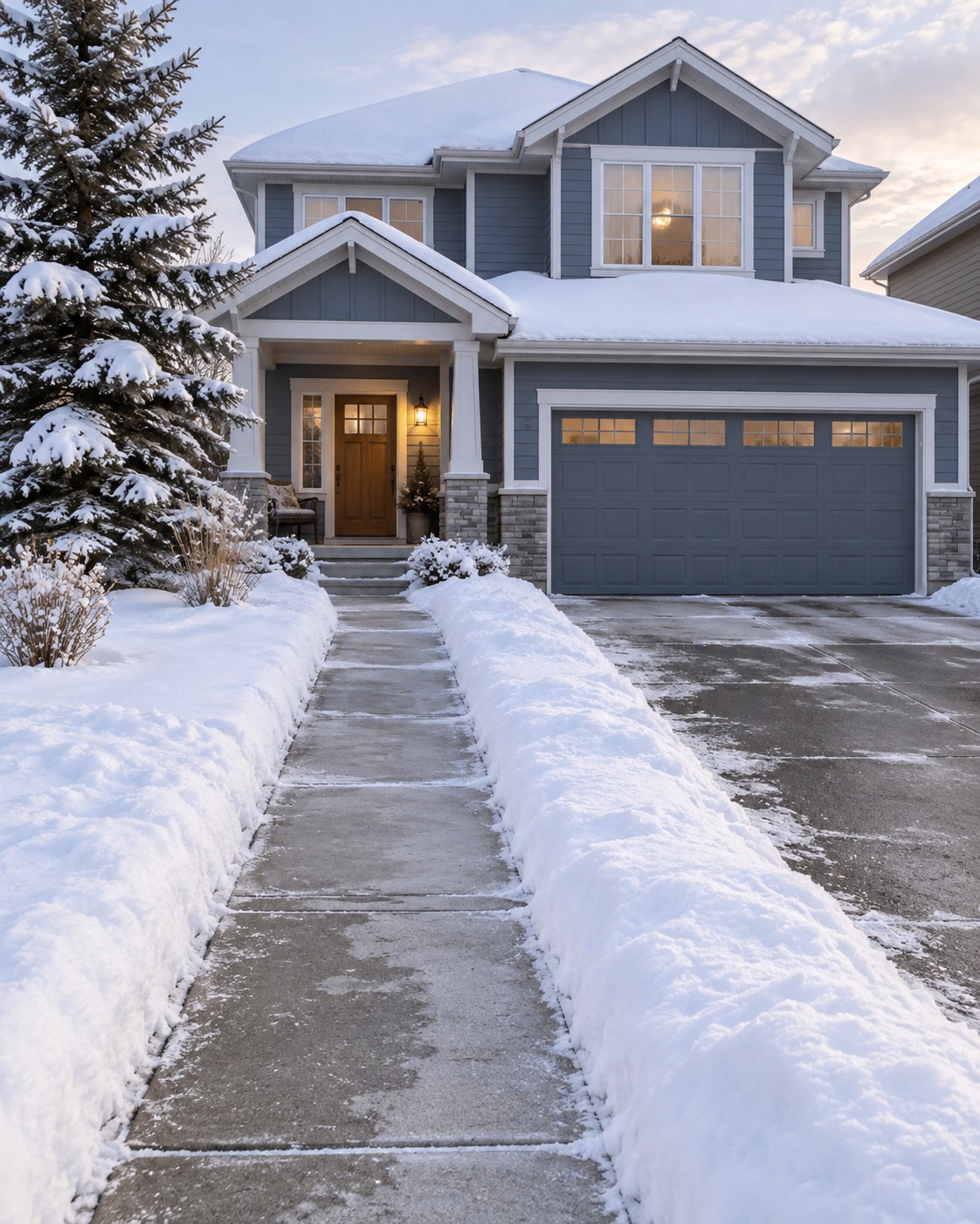 Illustrative winter home with a cleared driveway and front walkway